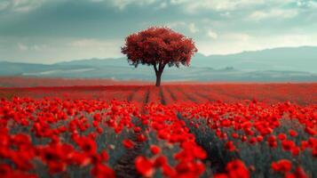 ai gerado solitário árvore dentro campo do vermelho flores foto