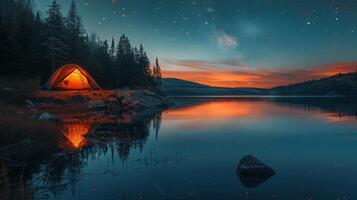 ai gerado barraca de lago debaixo estrelado noite céu foto