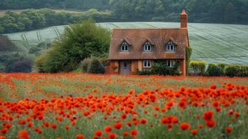 ai gerado casa dentro campo do vermelho flores foto