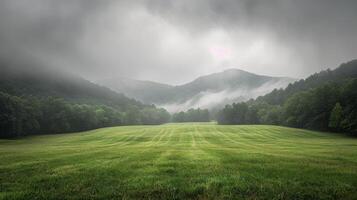 ai gerado verde campo com montanhas fundo foto