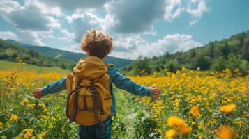 ai gerado pequeno Garoto caminhando através campo do amarelo flores foto