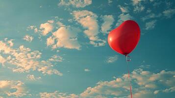 ai gerado vermelho coração em forma balão vôo dentro céu foto