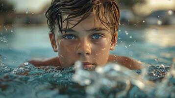 ai gerado jovem Garoto natação dentro piscina foto