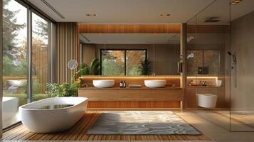 ai gerado moderno banheiro com dual afunda e ampla janela foto