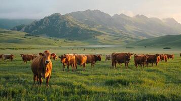 ai gerado rebanho do gado caminhando através exuberante verde campo foto