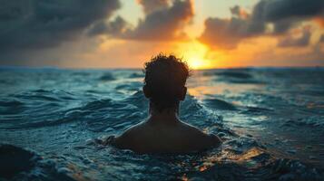 ai gerado mulher sentado dentro oceano às pôr do sol foto