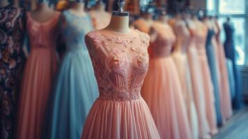 ai gerado linha do vestidos em manequim dentro loja foto