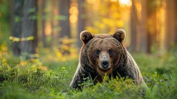 ai gerado ampla Castanho Urso em pé dentro floresta foto