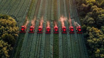 ai gerado grupo do vermelho tratores dirigindo através verde campo foto