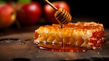 ai gerado uma delicioso fatia do maçã mergulhado dentro mel. generativo ai foto