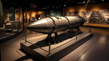 ai gerado nuclear ogiva em exibição dentro uma museu. generativo ai foto