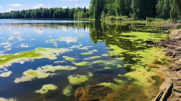 ai gerado poluído lago com Grosso camada do verde algas. generativo ai foto