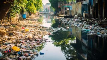 ai gerado poluído urbano canal com Lixo e poluentes. generativo ai foto