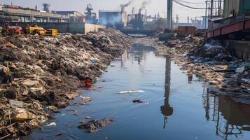 ai gerado poluído urbano canal com visível contaminantes. generativo ai foto