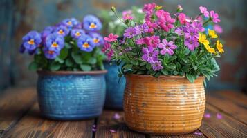 ai gerado três vasos com diferente colori flores foto