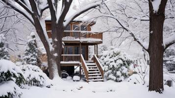 ai gerado uma neve coberto casa da árvore dentro a quintal. generativo ai foto