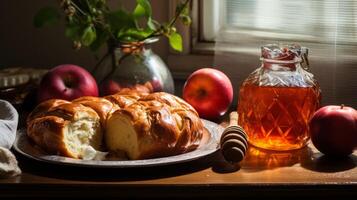ai gerado uma tradicional rosh Hashaná mesa conjunto com doce maçãs e mel. generativo ai foto