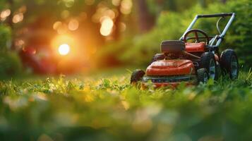 ai gerado vermelho gramado cortador de grama em verde gramado foto