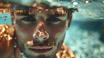 ai gerado homem vestindo óculos natação dentro piscina foto