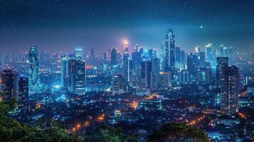 ai gerado cidade luzes refletindo em rio às noite foto