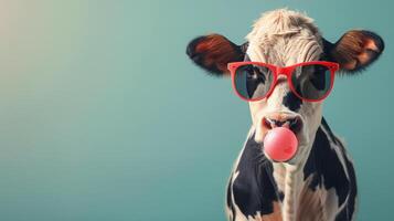 ai gerado Preto e branco vaca vestindo vermelho óculos foto