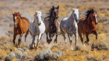 ai gerado grupo do cavalos corrida dentro campo foto