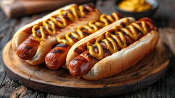 ai gerado quente cachorro com mostarda e ketchup em de madeira borda foto