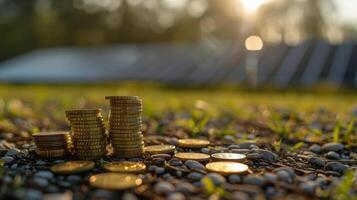 ai gerado pilha do moedas em Relva campo foto