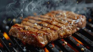 ai gerado bife cozinhando em grade com fumaça foto