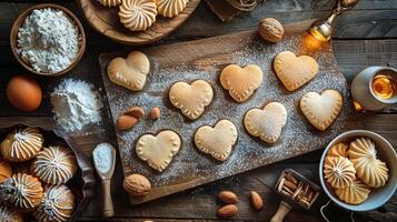 ai gerado de madeira mesa coberto com coração em forma biscoitos foto