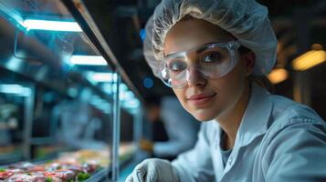 ai gerado chefe de cozinha mulher em pé de carne foto