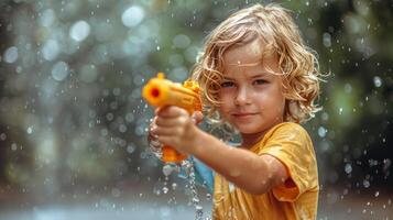 ai gerado pequeno Garoto segurando brinquedo arma de fogo dentro chuva foto