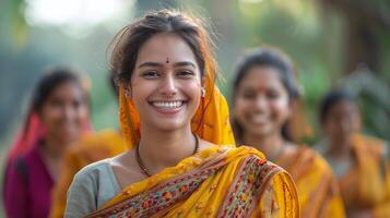 ai gerado sorridente mulher dentro amarelo sari foto