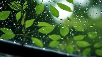 ai gerado folhas com pingos de chuva em uma carro janela. generativo ai foto