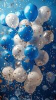 ai gerado azul e branco balões flutuando dentro a céu foto