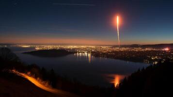 ai gerado satélite lançamento dentro uma brilhante clarão. generativo ai foto