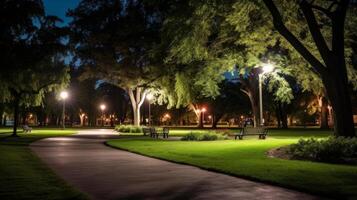 ai gerado a sereno beleza do uma cidade parque às noite. generativo ai foto