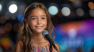 ai gerado pequeno menina dentro campo do flores foto