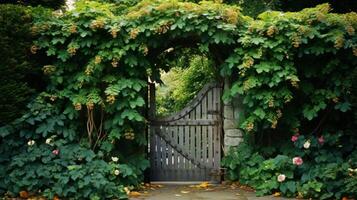 ai gerado uma encantador jardim portão coberto dentro escalada videiras. generativo ai foto