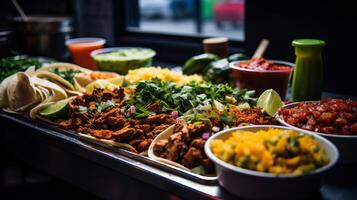 ai gerado uma colorida sortimento do mexicano rua Comida exibido às uma Comida carrinho. generativo ai foto