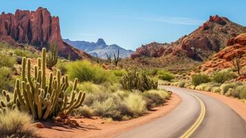 ai gerado uma deserto estrada com cactos e vermelho Rocha formações. generativo ai foto