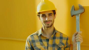 ai gerado uma jovem bonito homem dentro uma amarelo construção capacete. foto