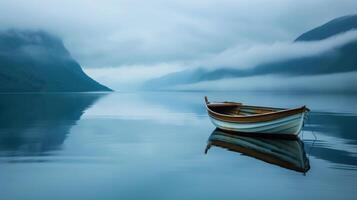 ai gerado solitário barco à deriva dentro Noruega fiordes. cativante panorama foto