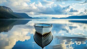 ai gerado solitário barco à deriva dentro Noruega fiordes. cativante panorama foto