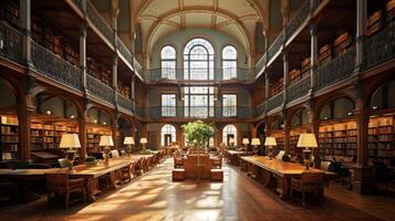 ai gerado uma biblioteca interior com Alto tetos e grande arquitetura. generativo ai foto