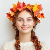 ai gerado jovem lindo mulher sorrisos às Câmera com brilhante outono folhas tecido para dentro cabelo, isolado em branco fundo foto