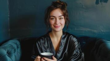 ai gerado jovem lindo mulher dentro Preto seda roupão goza café em Sombrio azul sofá, sorridente de brincadeira às Câmera foto