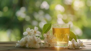 ai gerado uma vidro copo do jasmim chá em uma de madeira mesa, jasmim flores próximo, borrado natural verde fundo foto