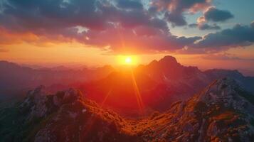 ai gerado pôr do sol sobre montanhas, criando uma deslumbrante natural verão panorama foto