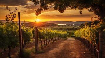 ai gerado uma pacífico Vinhedo às pôr do sol para uma romântico vinho temático chamar. generativo ai foto